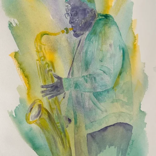 watercolor painting of a saxophonist playing jazz music
