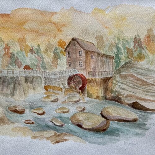 landscape watercolor painting of Glade Creek Grist Mill in West Virginia