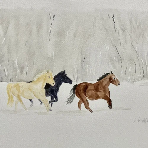 watercolor art of three horses galloping in snow