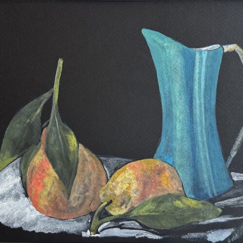 watercolor still life depicting a blue vase